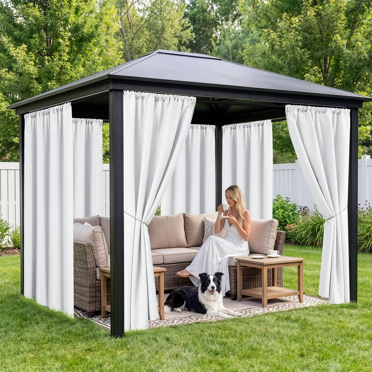 White Outdoor Curtains Waterproof, 8 Panels, Rod Pocket