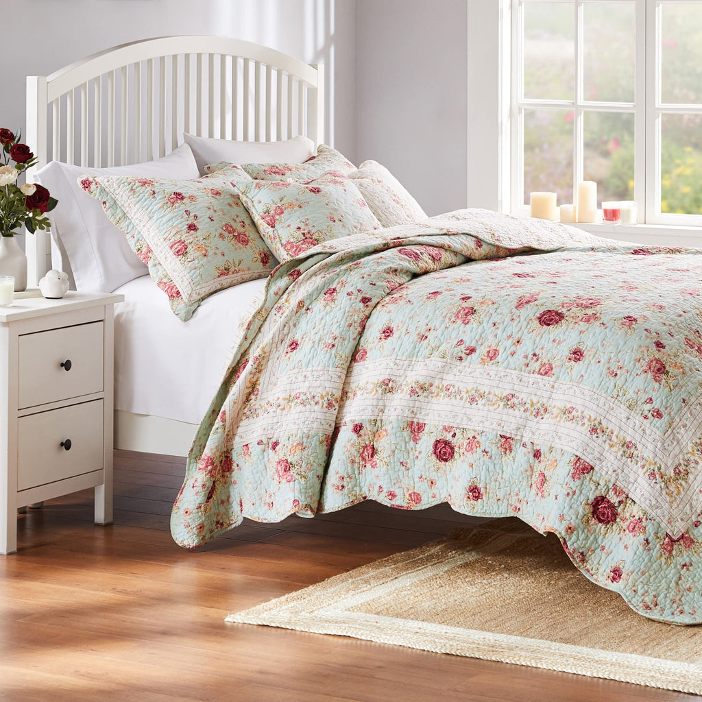 Antique Rose 100% Cotton Heirloom-Quality Quilt Set, 5-Piece, Blue