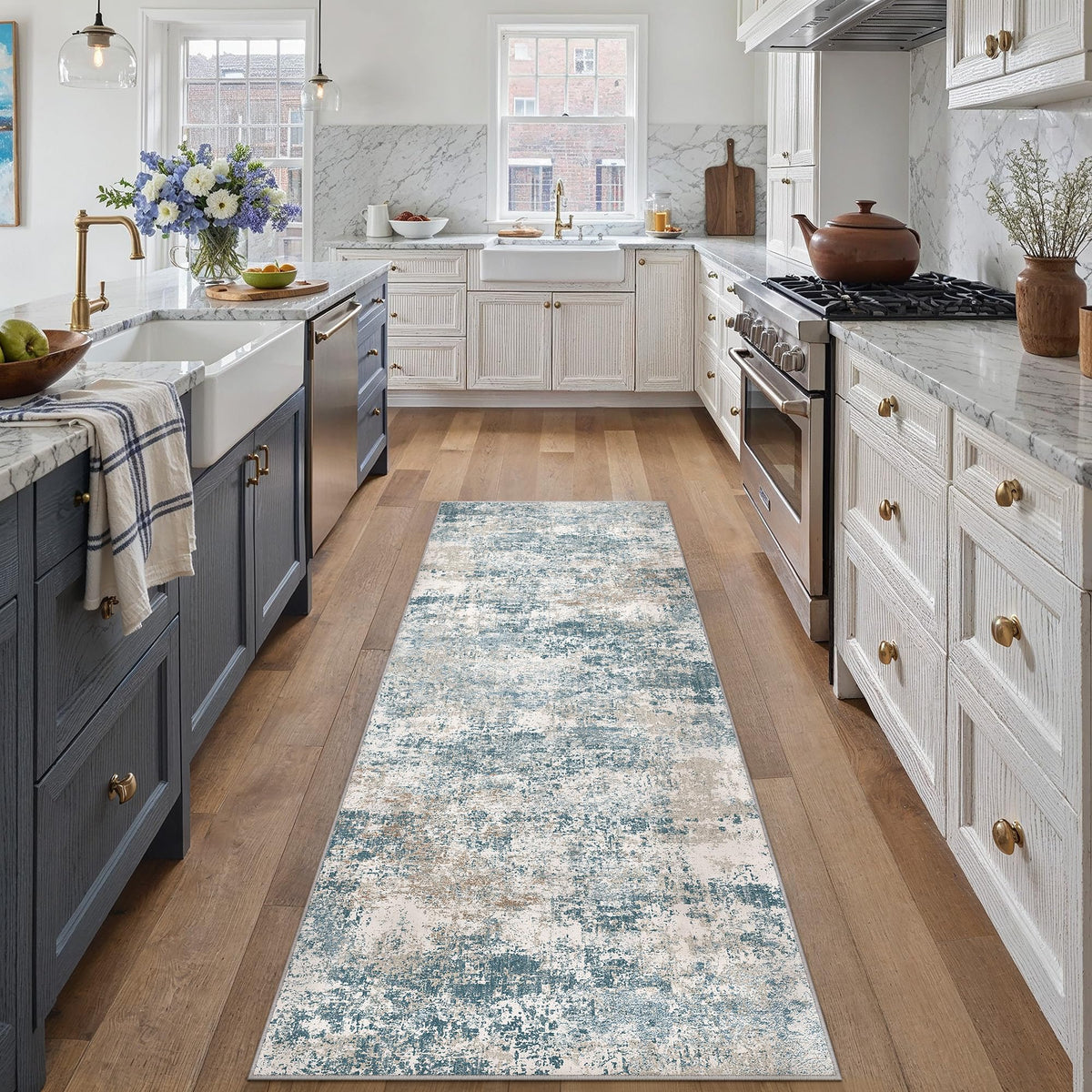 Blue Runner Rug Modern Abstract