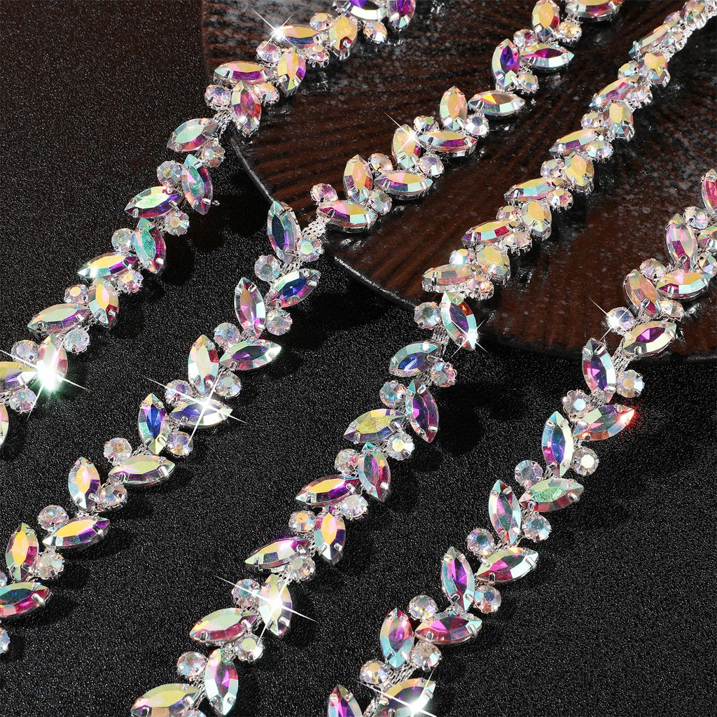 Crystal Rhinestone Chain Trim Leaf Flower Sewing, 3 Yards, AB