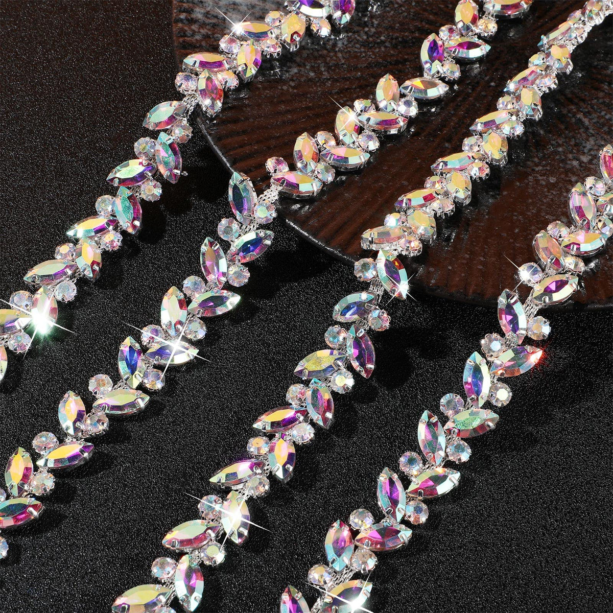 Crystal Rhinestone Chain Trim Leaf Flower Sewing, 3 Yards, AB
