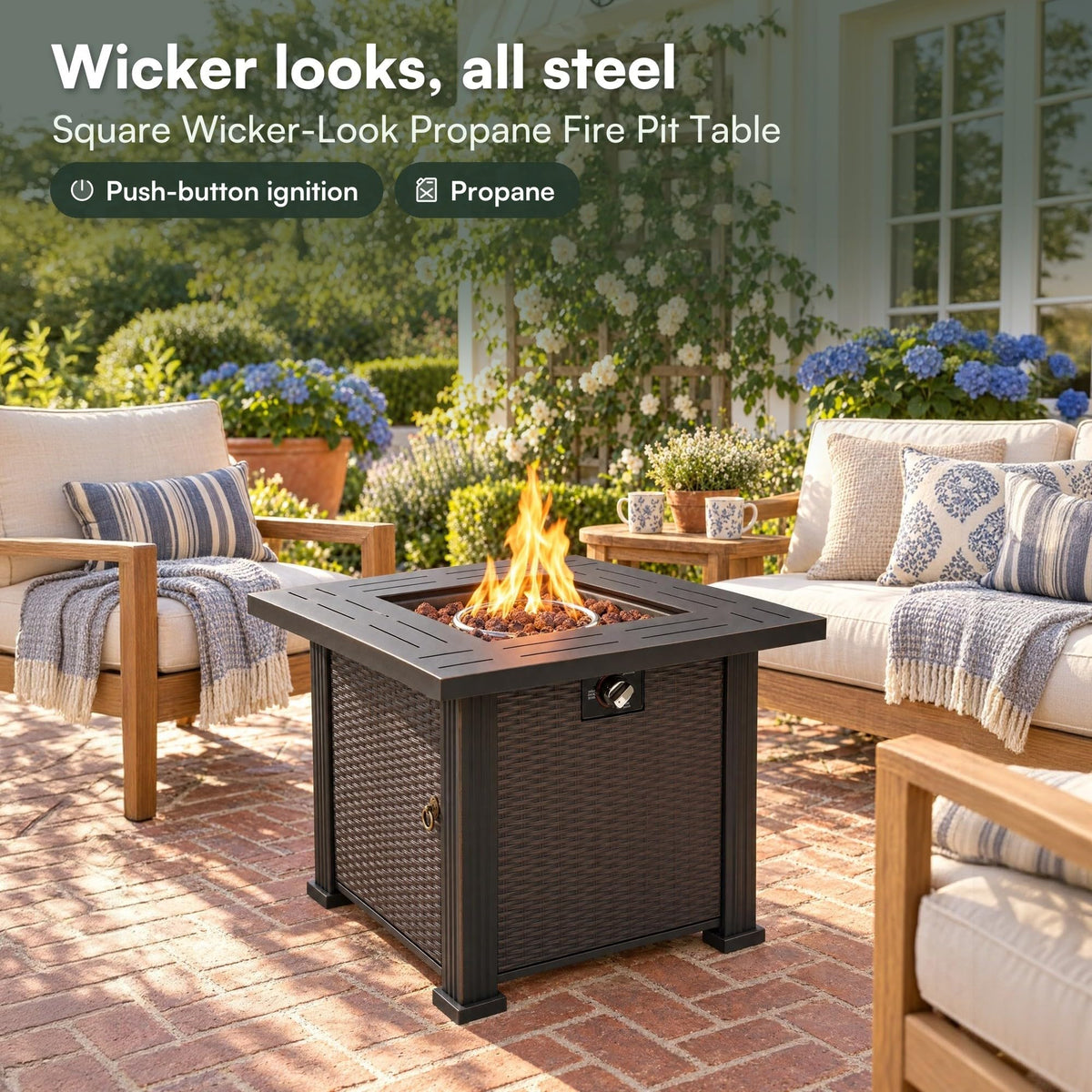 28" Square Steel Propane Fire Pit Table Wicker Look Patio Heater 50, 000 BTU