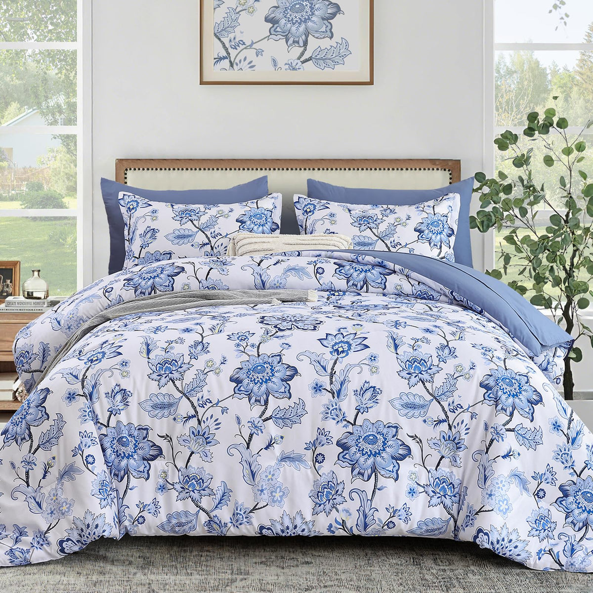 Blue Paisley Floral Comforter Set, 7 Pieces King Bed in a Bag