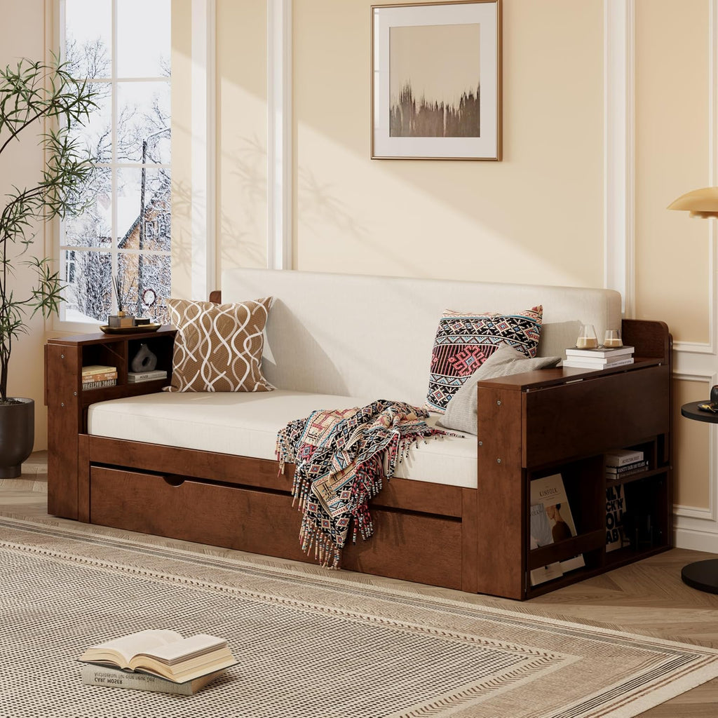 Queen Size Daybed with Pop Up Trundle and 2 Storage Drawers, Wooden Queen Day Bed Frame with Removable Desk
