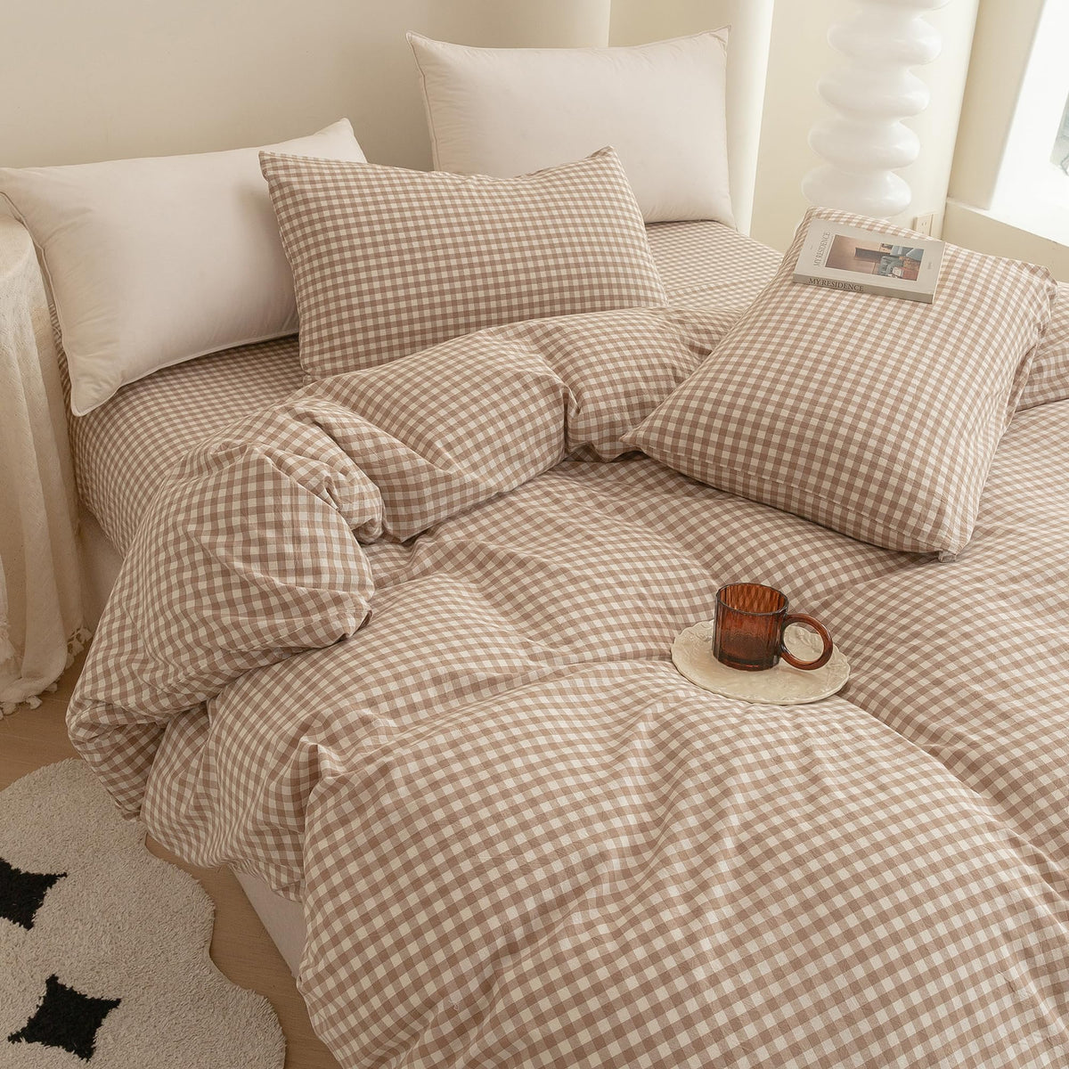 Cotton 3 Pcs Duvet Cover Set Linen Feel Beige Gingham King