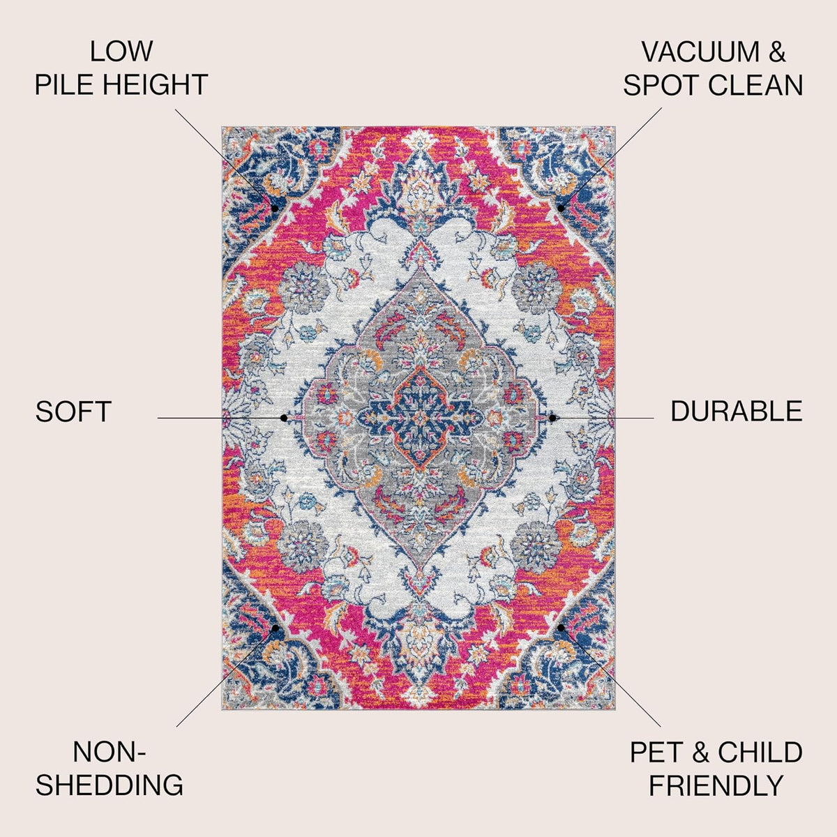 Boho Vintage Multi Indoor Area Rug, Bohemian Flair Medallion, Chic, Floral, High Traffic, Pet Friendly