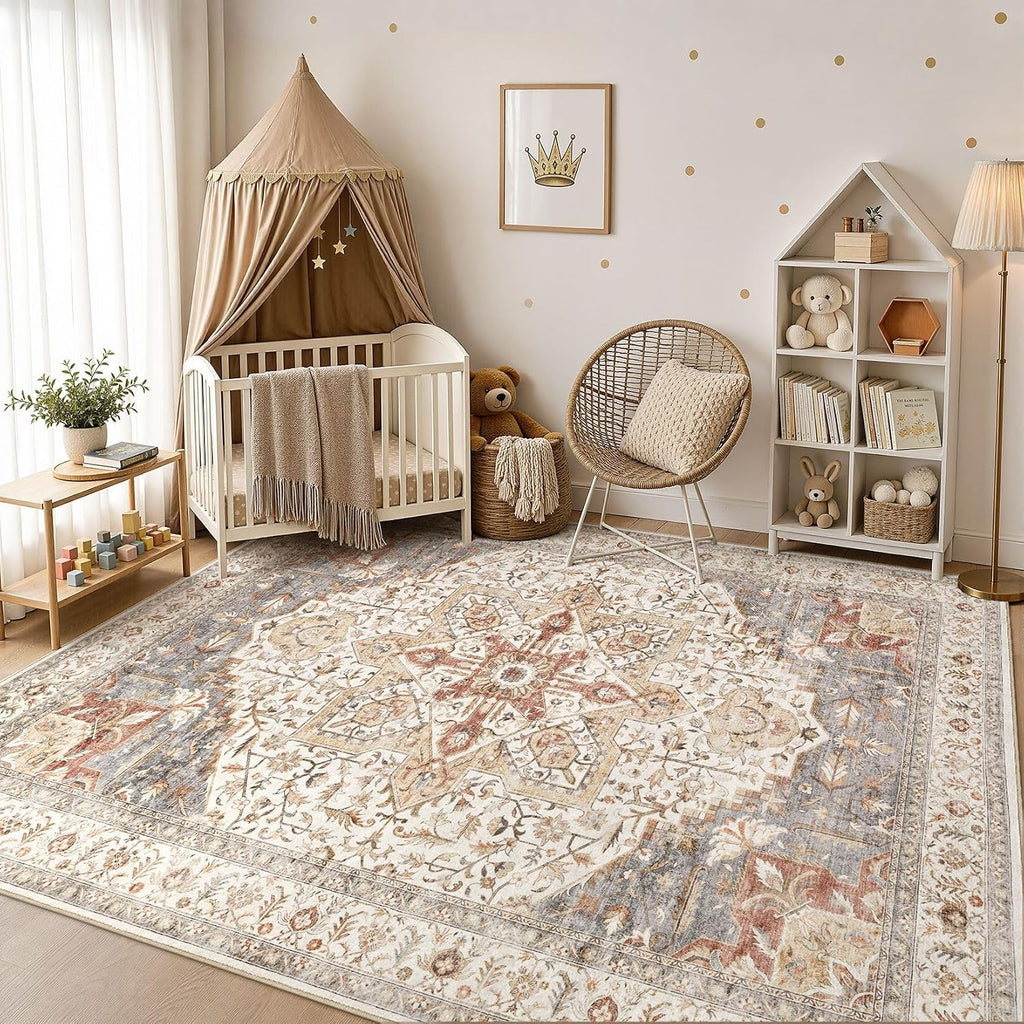 Area Rug Living Room Rugs - Washable Boho Rug Vintage Oriental Distressed Farmhouse Large Thin Indoor Carpet