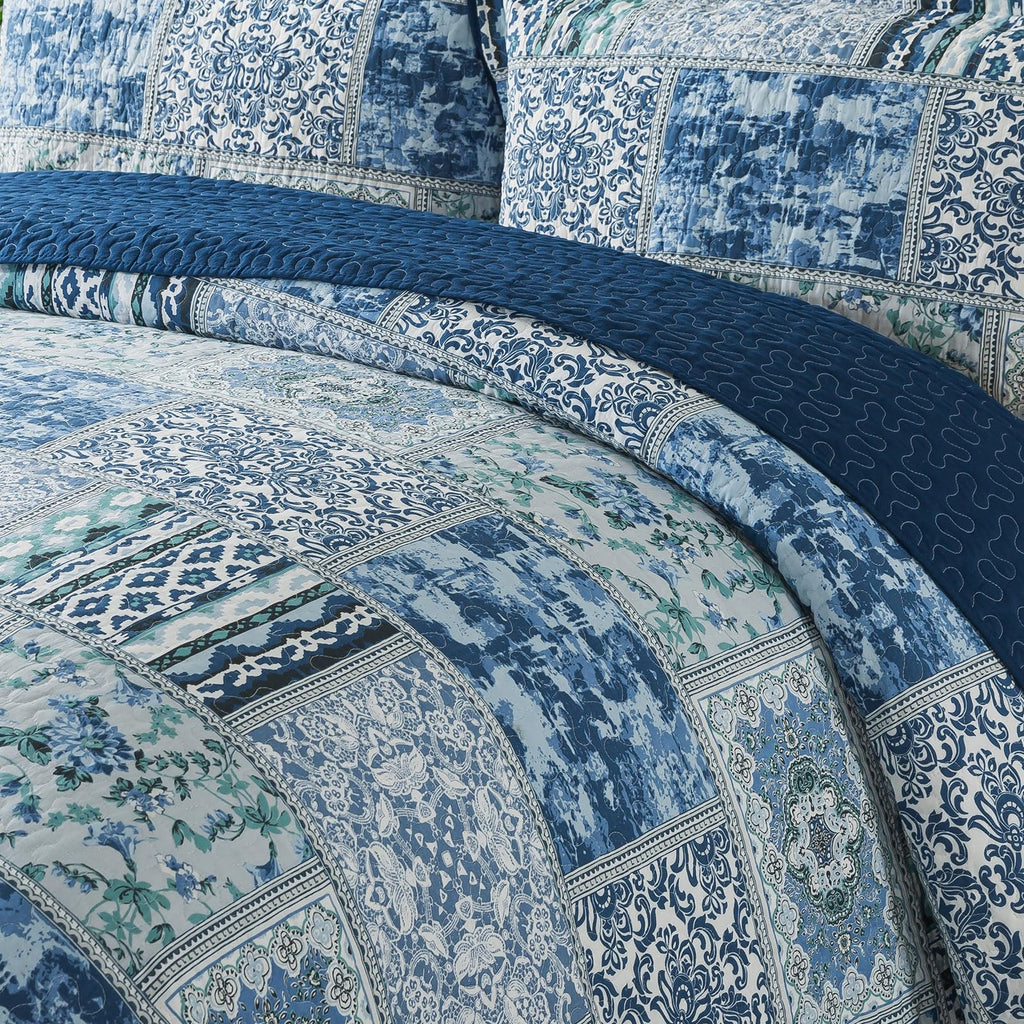 Cotton Bedspread Quilt Sets-Reversible Patchwork Coverlet Set, Blue Classic Bohemian Pattern