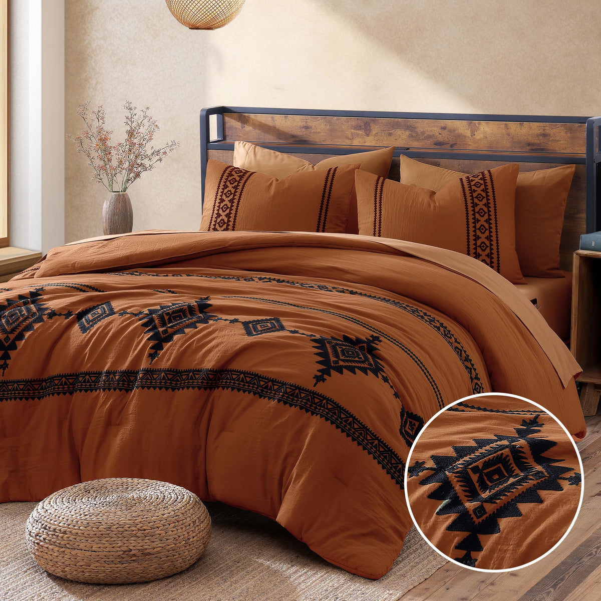 Embroidery Queen Comforter Set 7 Pieces Burnt Orange Bed in a Bag