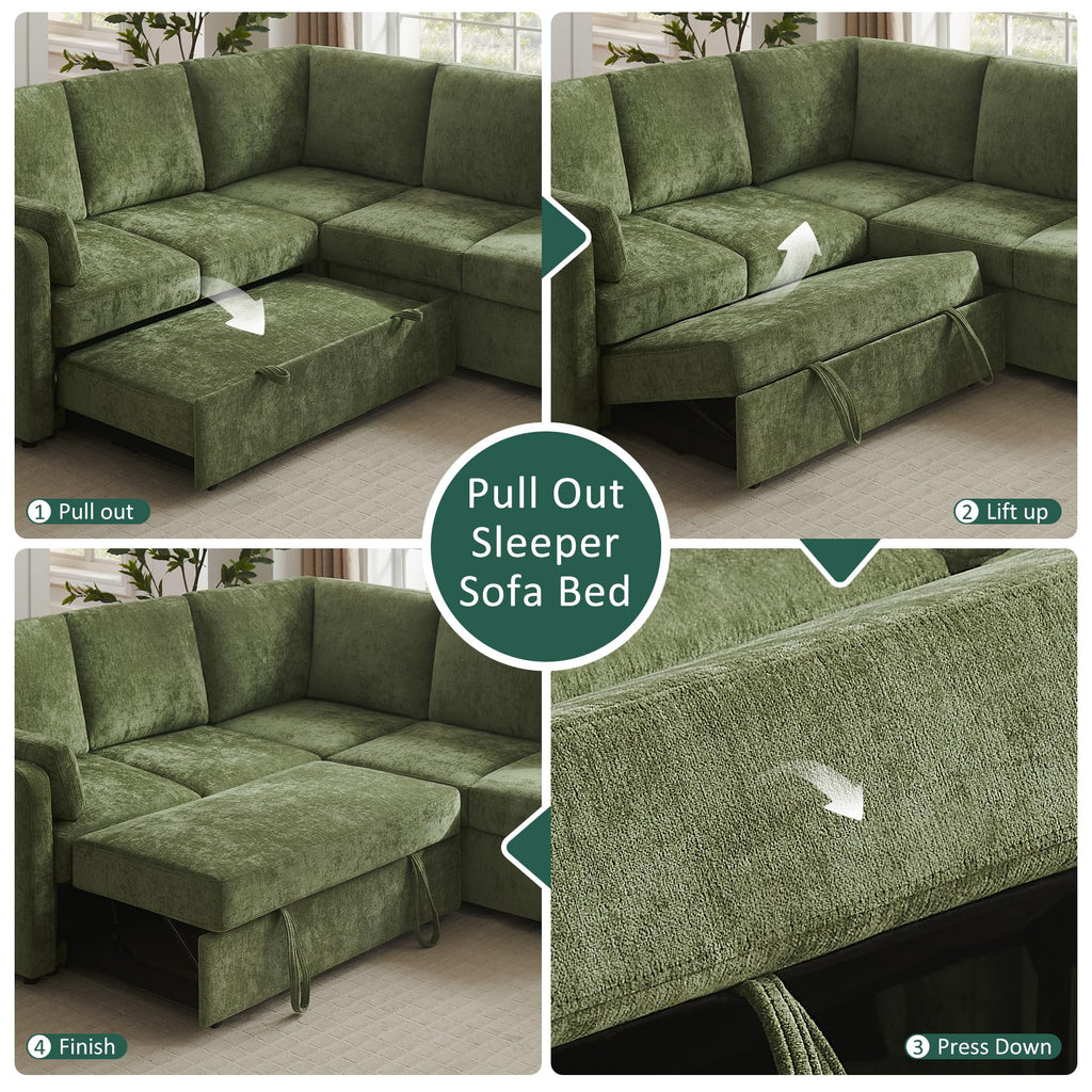 7 Seater 112'' Sectional Sleeper Sofa with Storage, Chenille Olive
