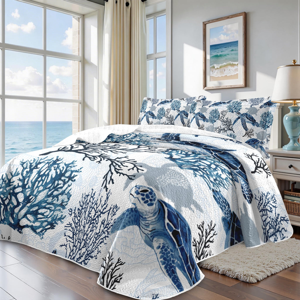 Nautical Queen Quilt Set, Coastal Sea Turtle Bedding, 3 Piece, 90"x96"