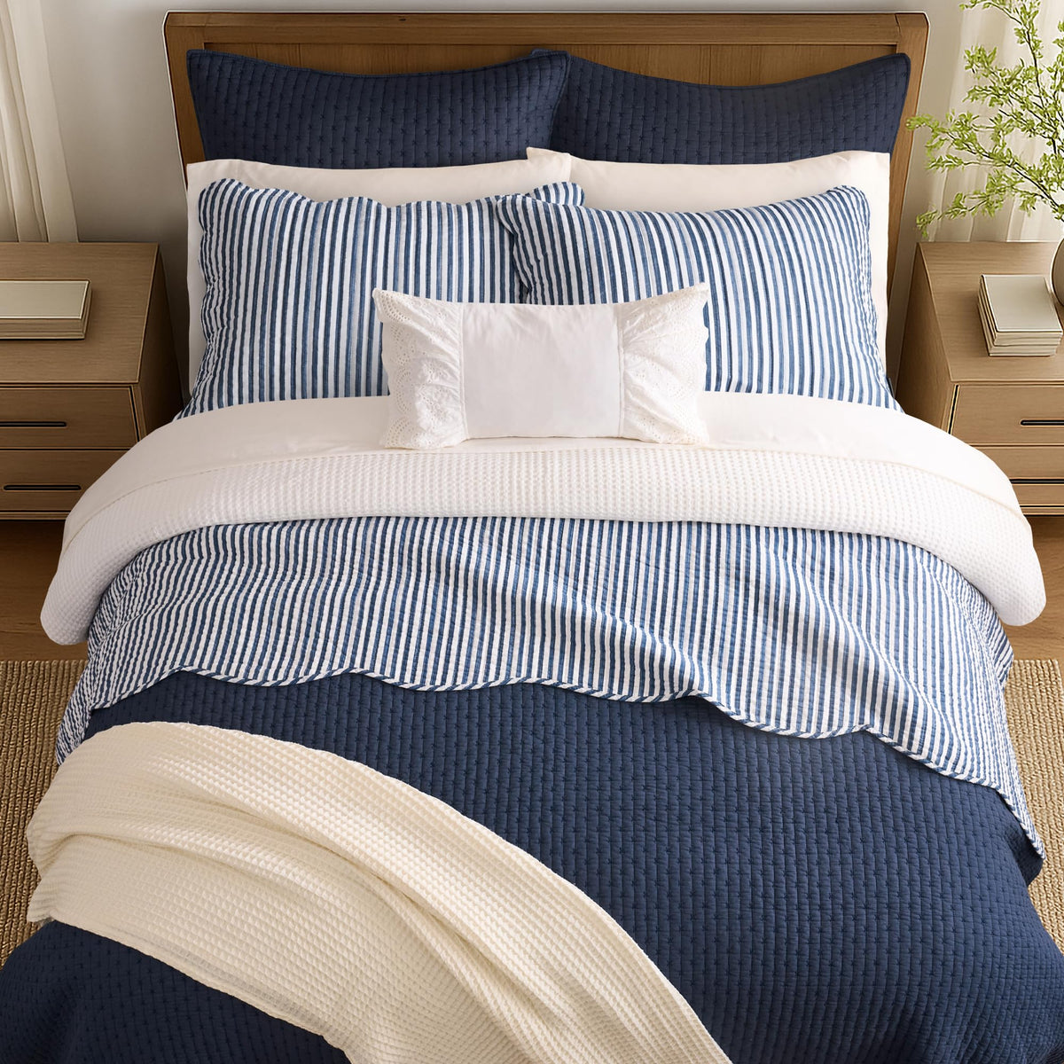 Cross Stitch Reversible Quilt Set (106x92in) and 2 Pillow Shams (36x20in) - Stitch Texture - Navy