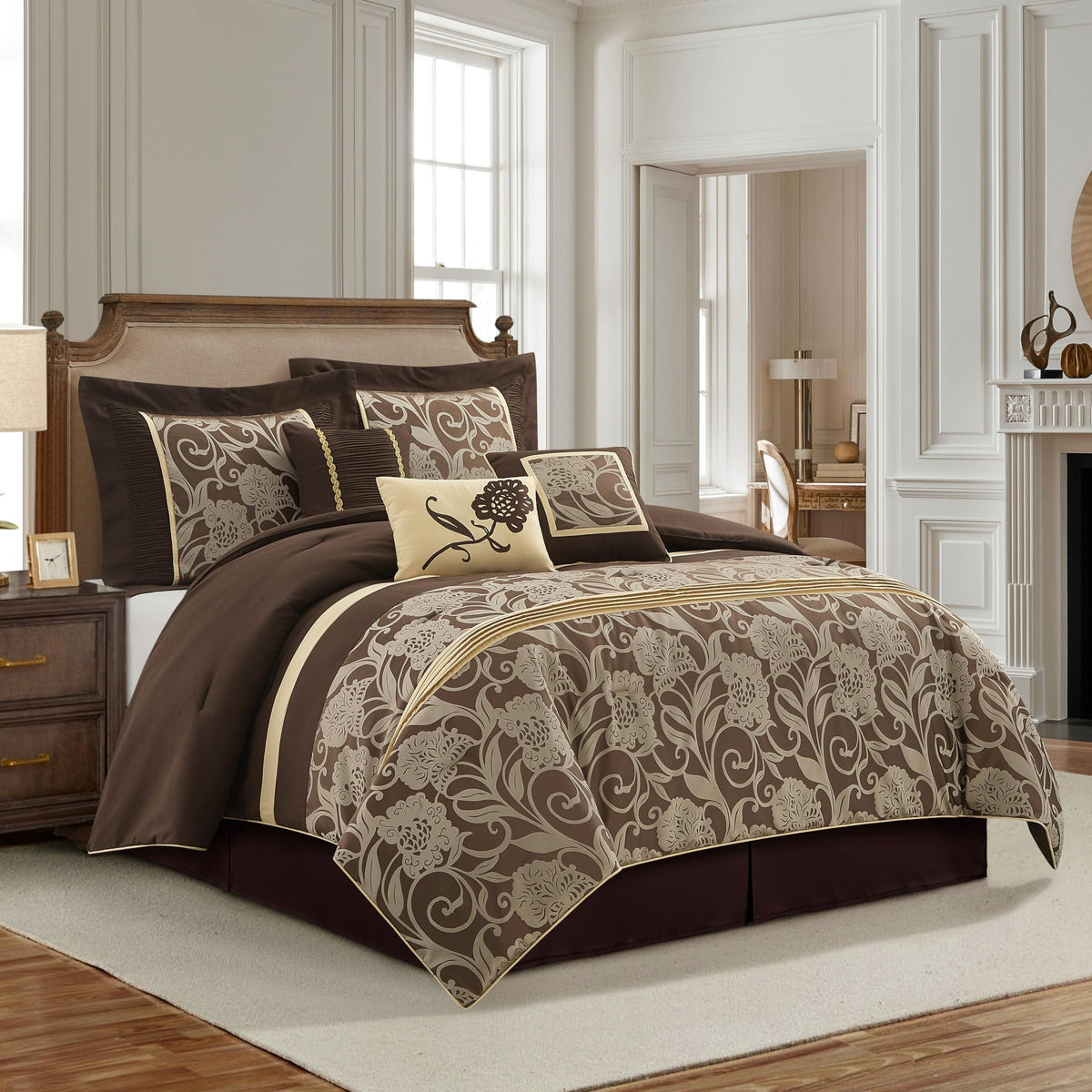 Brown Gold Comforter Set, 7 Piece Jacquard Floral Bedding Set, All Season, Ultra-Soft, Matching Pillows &