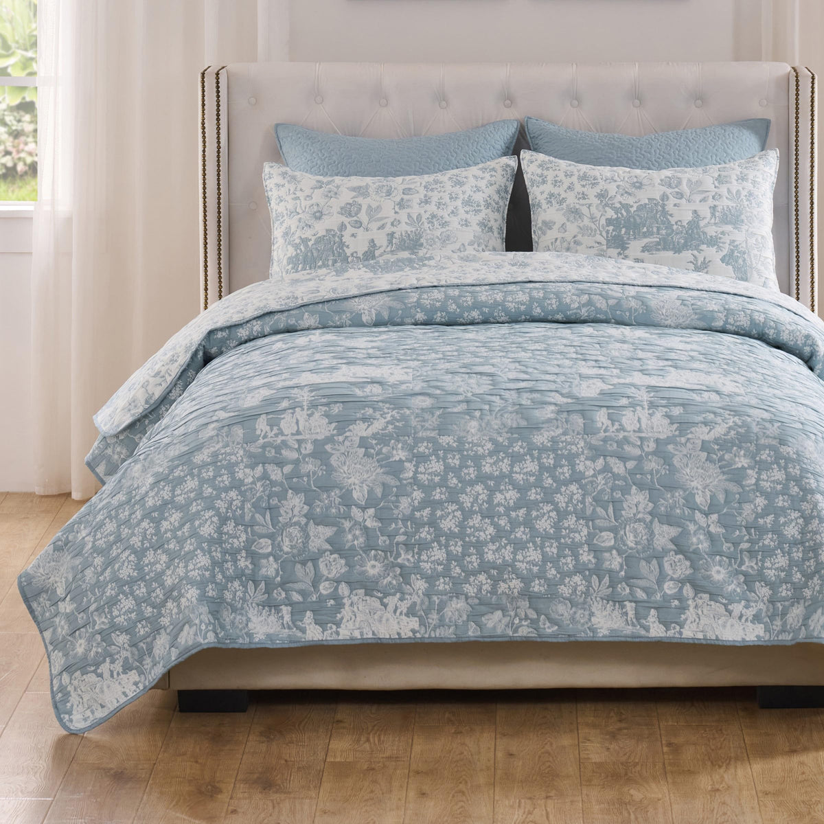 Patchwork Toile Collection Coverlet Set, 3-Piece, Blue