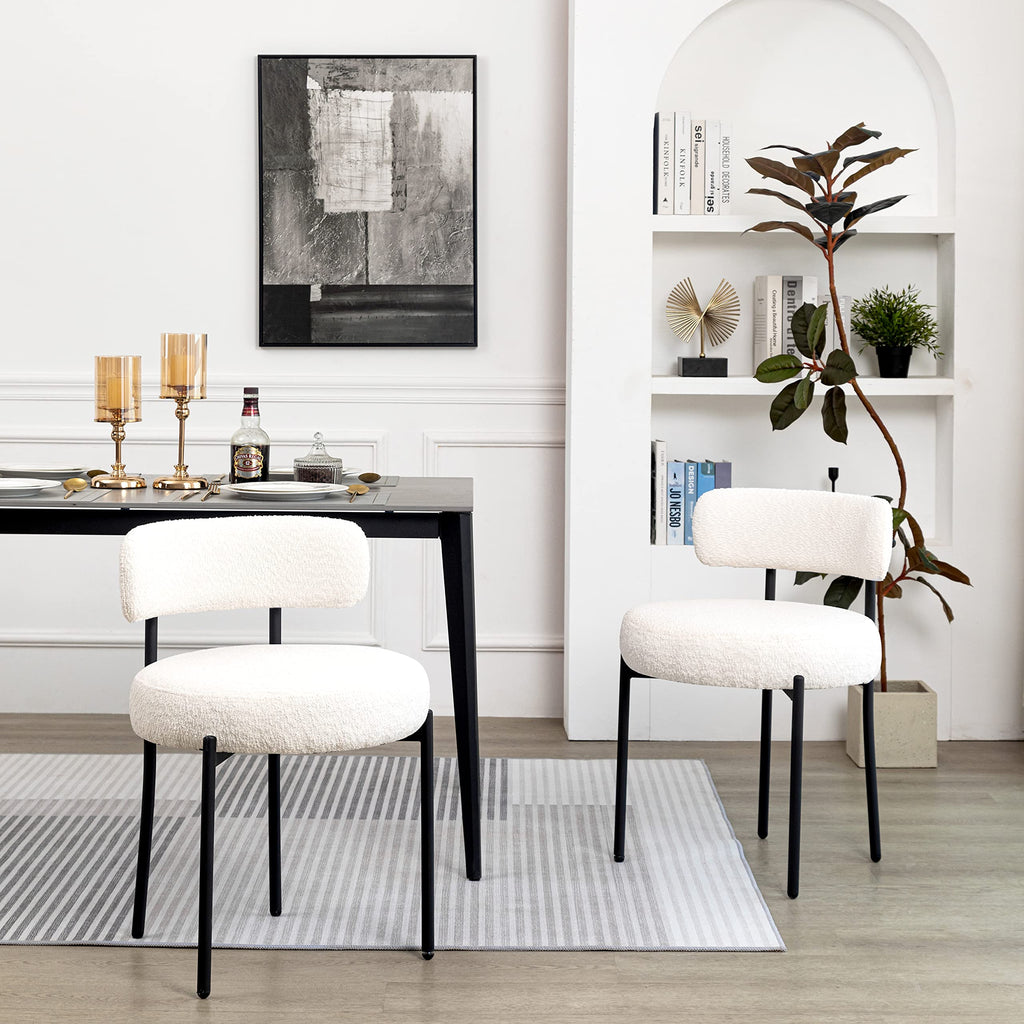Boucle Set of 2, Upholstered Dining Room Chairs White