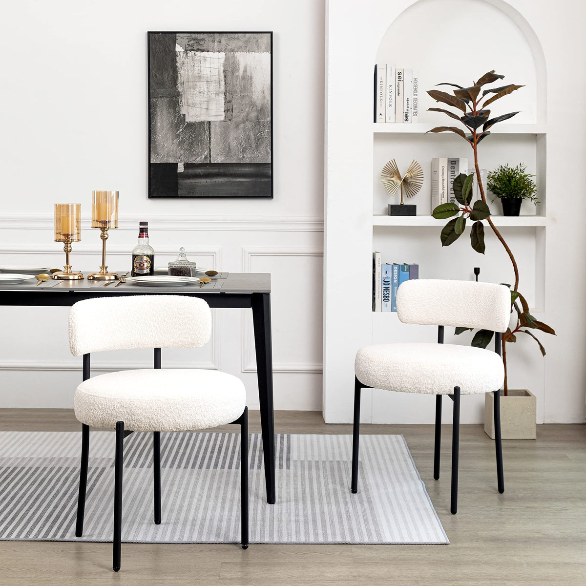Boucle Set of 2, Upholstered Dining Room Chairs White
