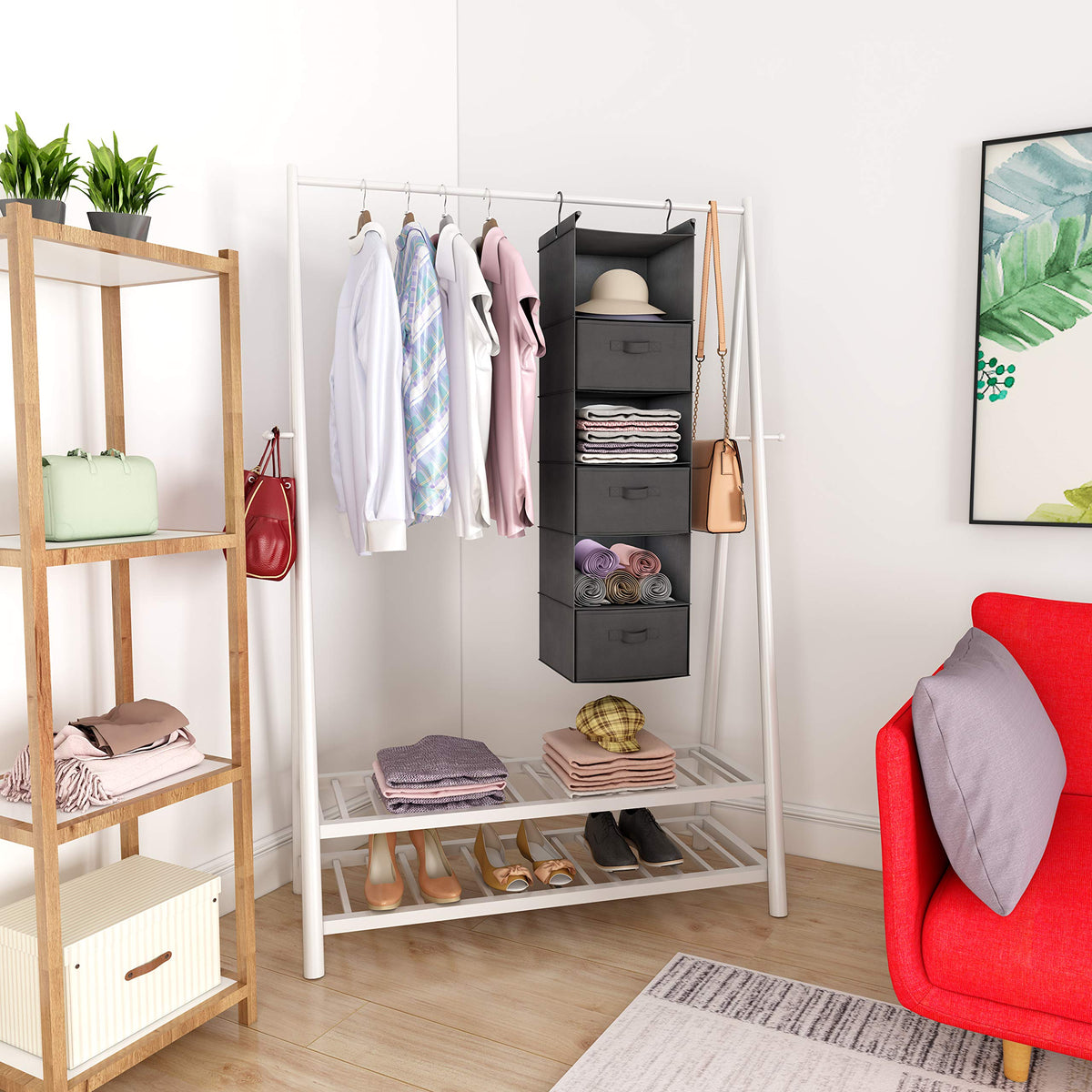6 Tier Shelf Hanging Closet Organizer, Closet Hanging Shelf with 2 Sturdy Hooks for Storage, Foldable (Grey-D3)