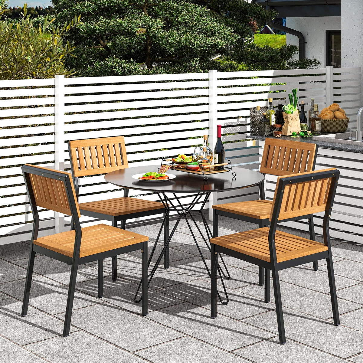 Patio Dining Chair Set of 4, Outdoor Acacia Wood Chairs with Metal Frame, All-Weather Bistro Chairs, for Indoor Lawn