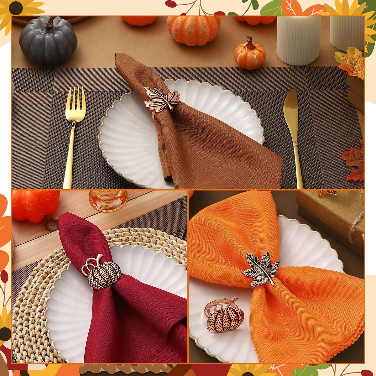 12 Pcs Thanksgiving Napkin Rings Set Fall Pumpkin Leaves Holders