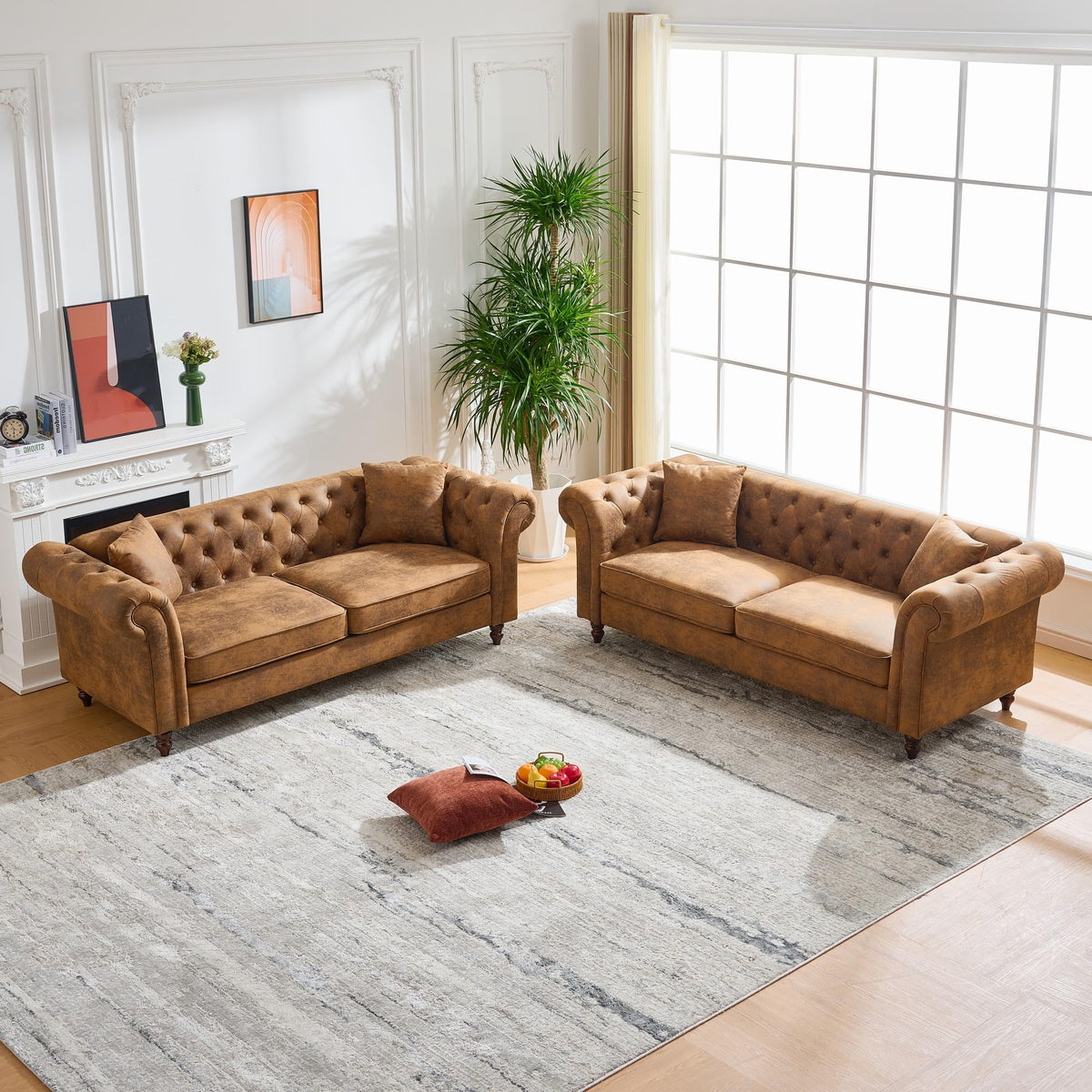 80.5" 2 Piece 3-Seater Velvet Chesterfield, Combination with Button Tufted Curved Backrest Rolled Arms, Faux Leather