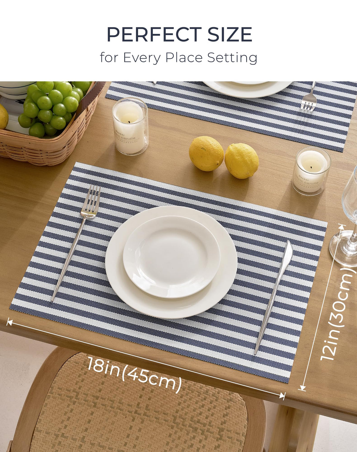 Blue White Striped Woven Vinyl Placemats Set of 12