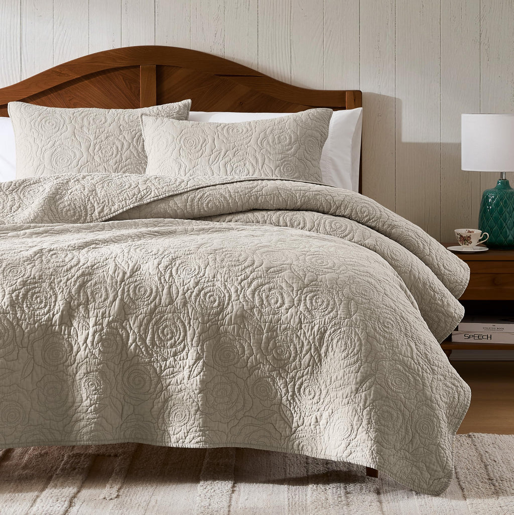 Beige 100% Cotton Quilt Bedding Sets with 2 Pillow Shams, Floral Rosette Lightweight Bedspread Soft