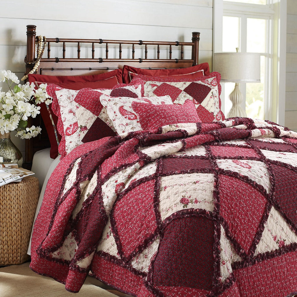 100% Cotton True Patchwork Reversible Red Floral Paisley Rag Ruffle Farmhouse Quilt Bedding Set, Coverlet Bedspread