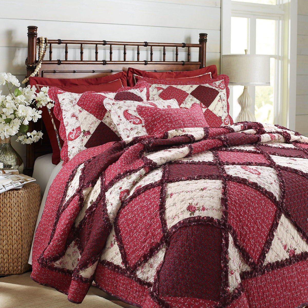 100% Cotton True Patchwork Reversible Red Floral Paisley Rag Ruffle Farmhouse Quilt Bedding Set, Coverlet Bedspread