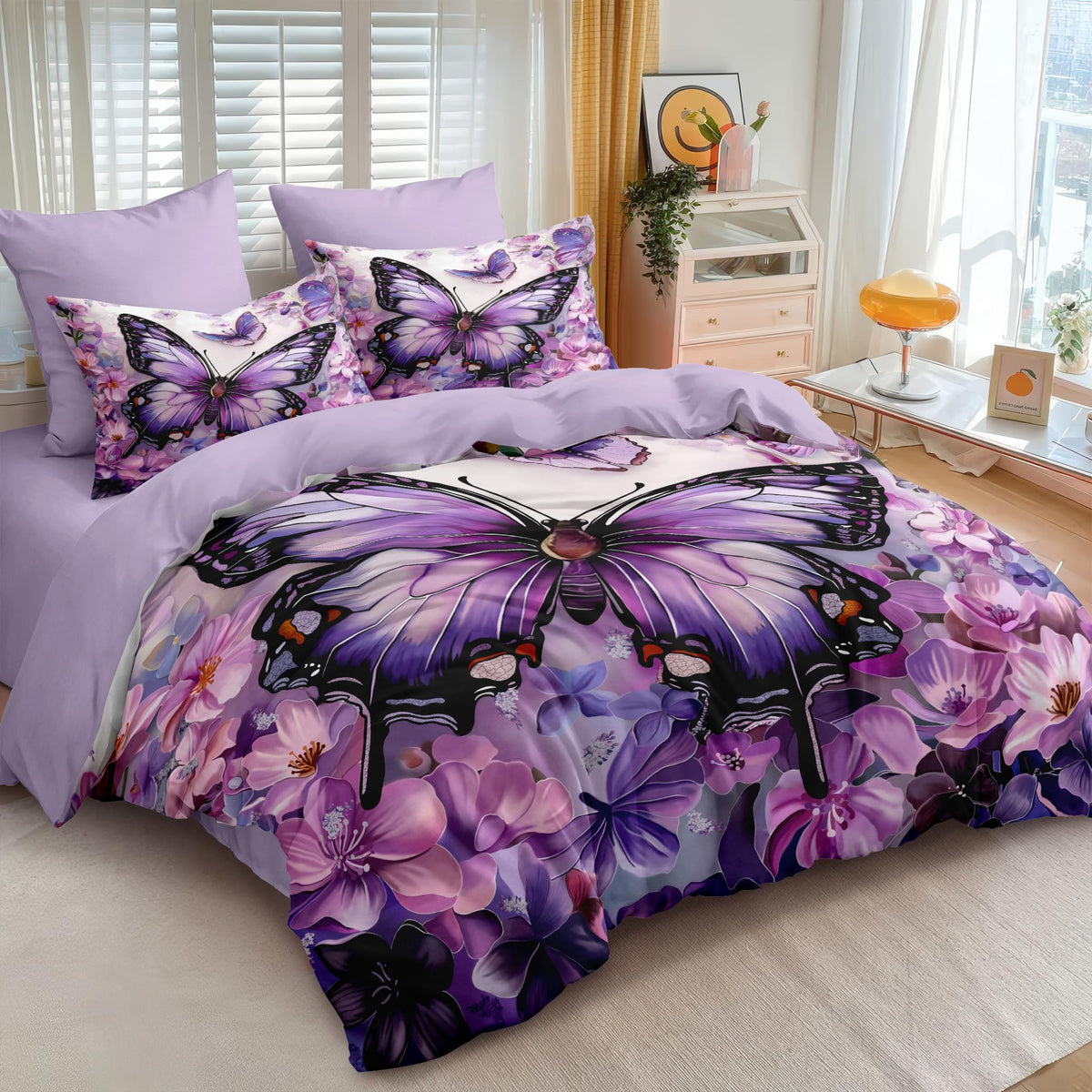 Aesthetic Flowers King Comforter Set Purple Butterfly Bedding Set for Women Girls Victorian Decor Quilt Set - 3Pcs