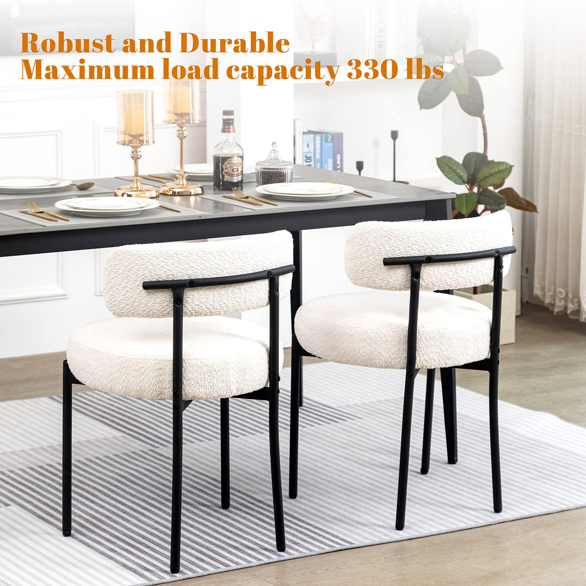 Boucle Set of 2, Upholstered Dining Room Chairs White