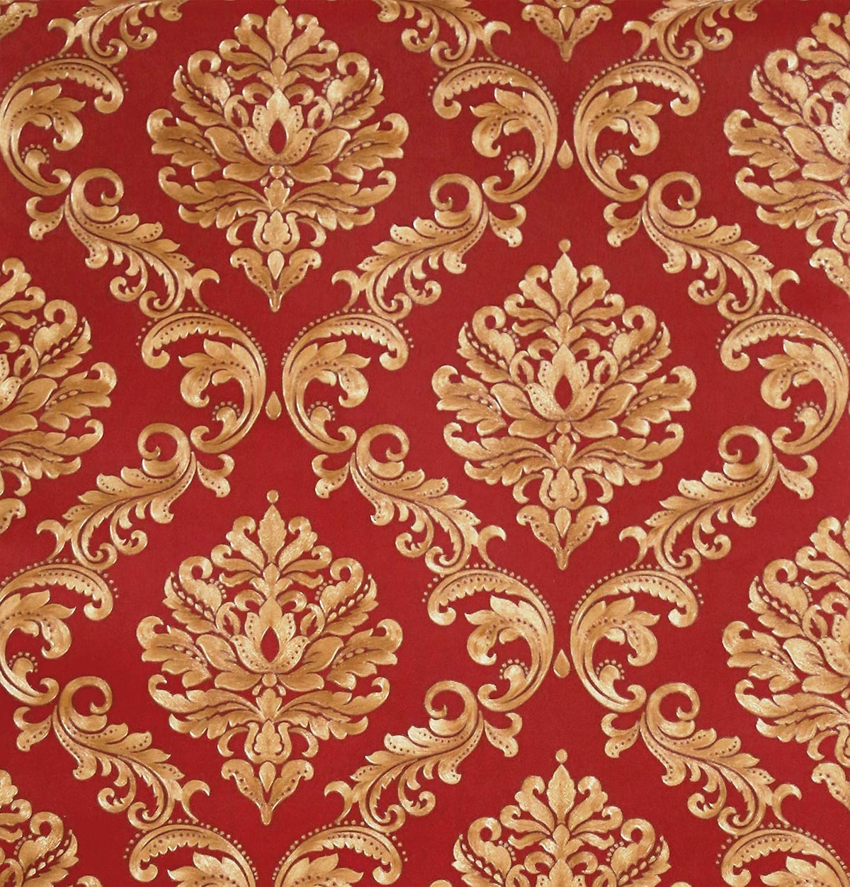 Red Damasks Flocking Embossed Textured Wallpaper Roll Bedroom, 20.8 In32.8 Ft=57 Sq ft Per Roll, Gold/Red