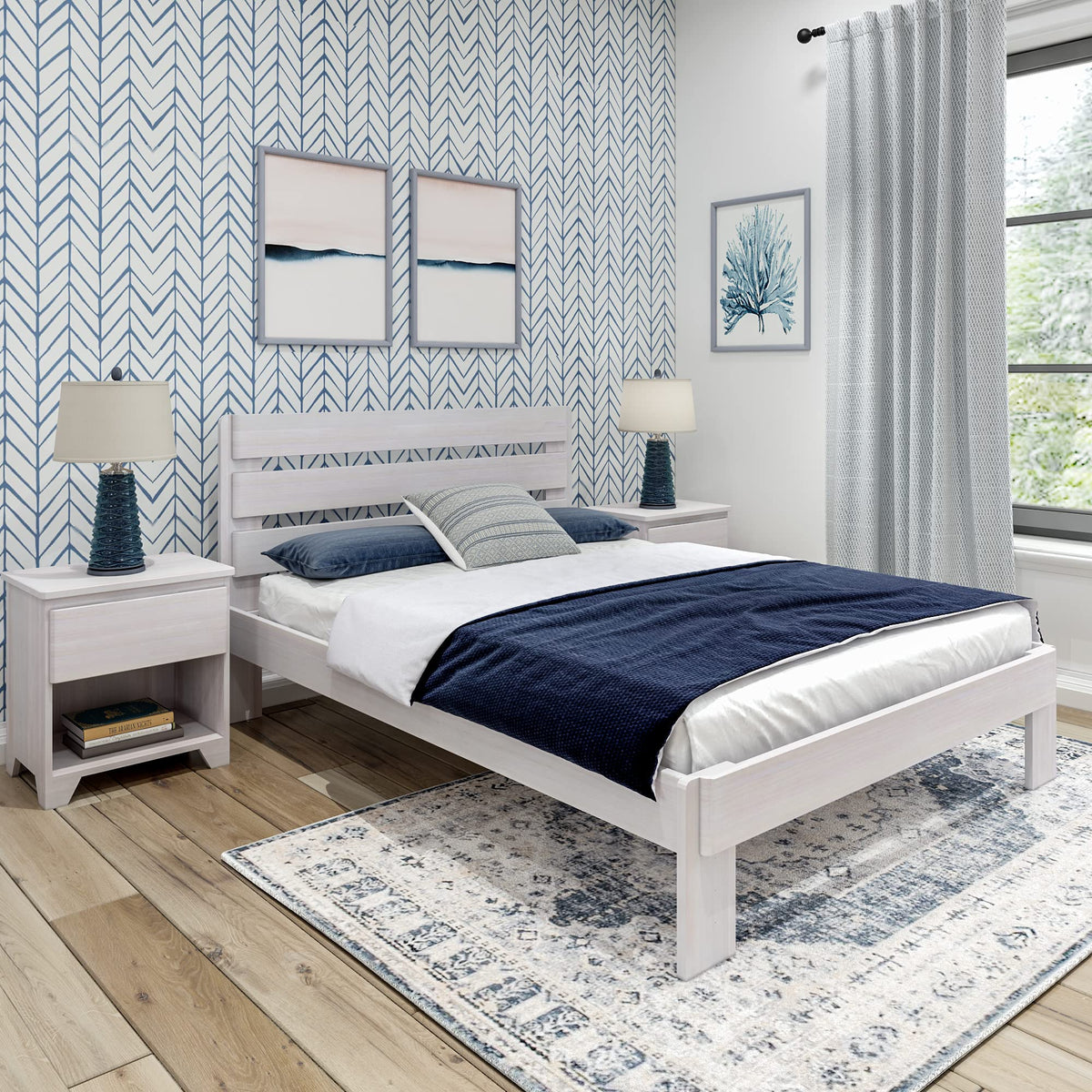 Modern Farmhouse Single Bed (Queen), Plank Headboard, White Wash