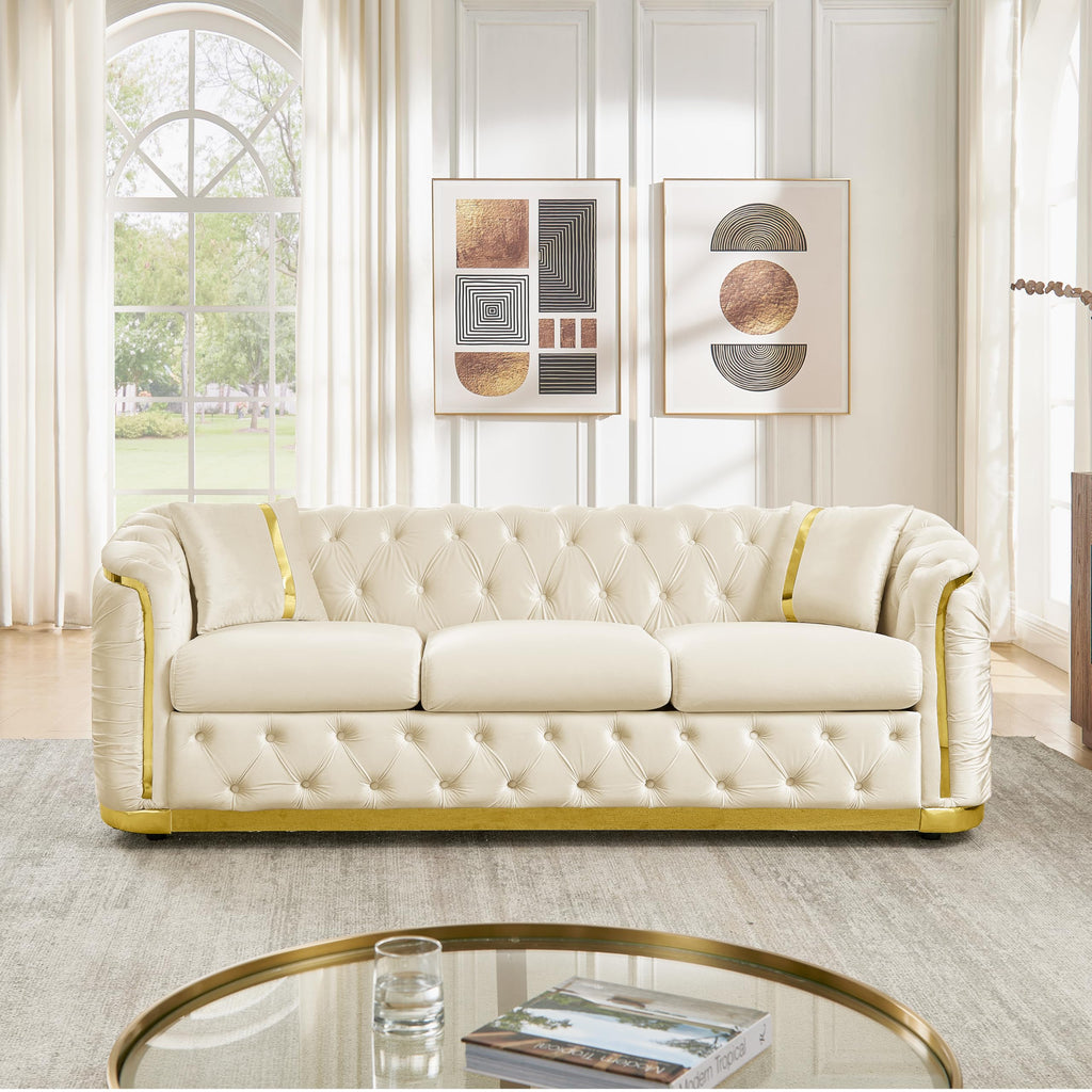 85" Luxury Oversized Chesterfield Sofa with 2 Pillow & Gold Stainless Decoration, Italian Modern Style 3-Seater