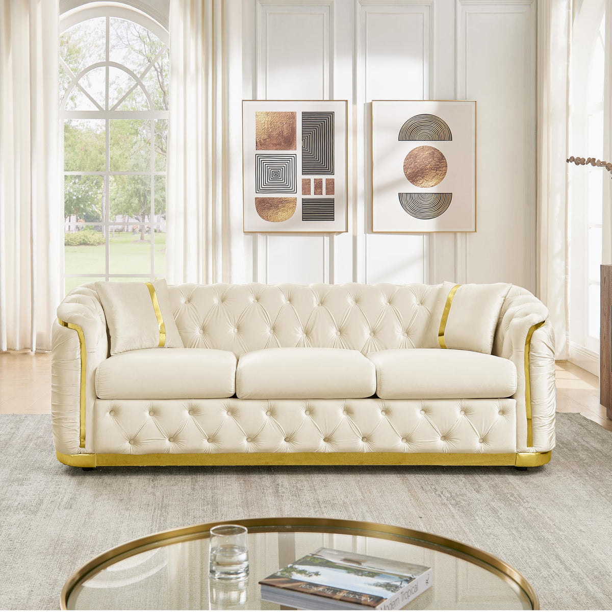 85" Luxury Oversized Chesterfield Sofa with 2 Pillow & Gold Stainless Decoration, Italian Modern Style 3-Seater