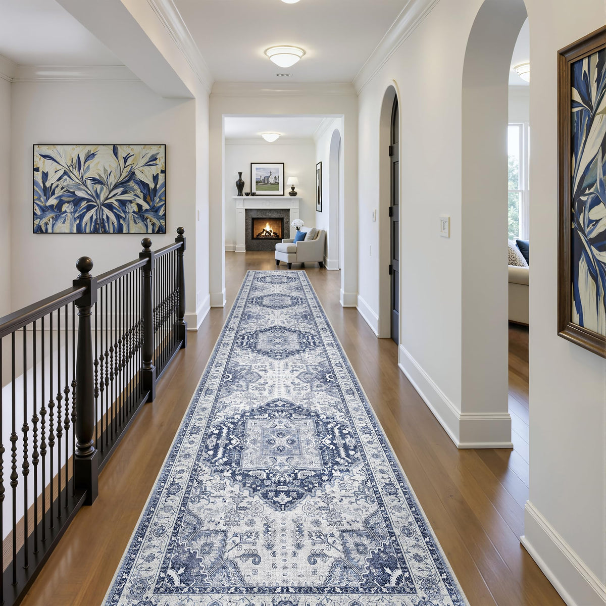Washable 2.6x16 Runner Rug, Non Slip Long Hallway Runner Navy/Blue