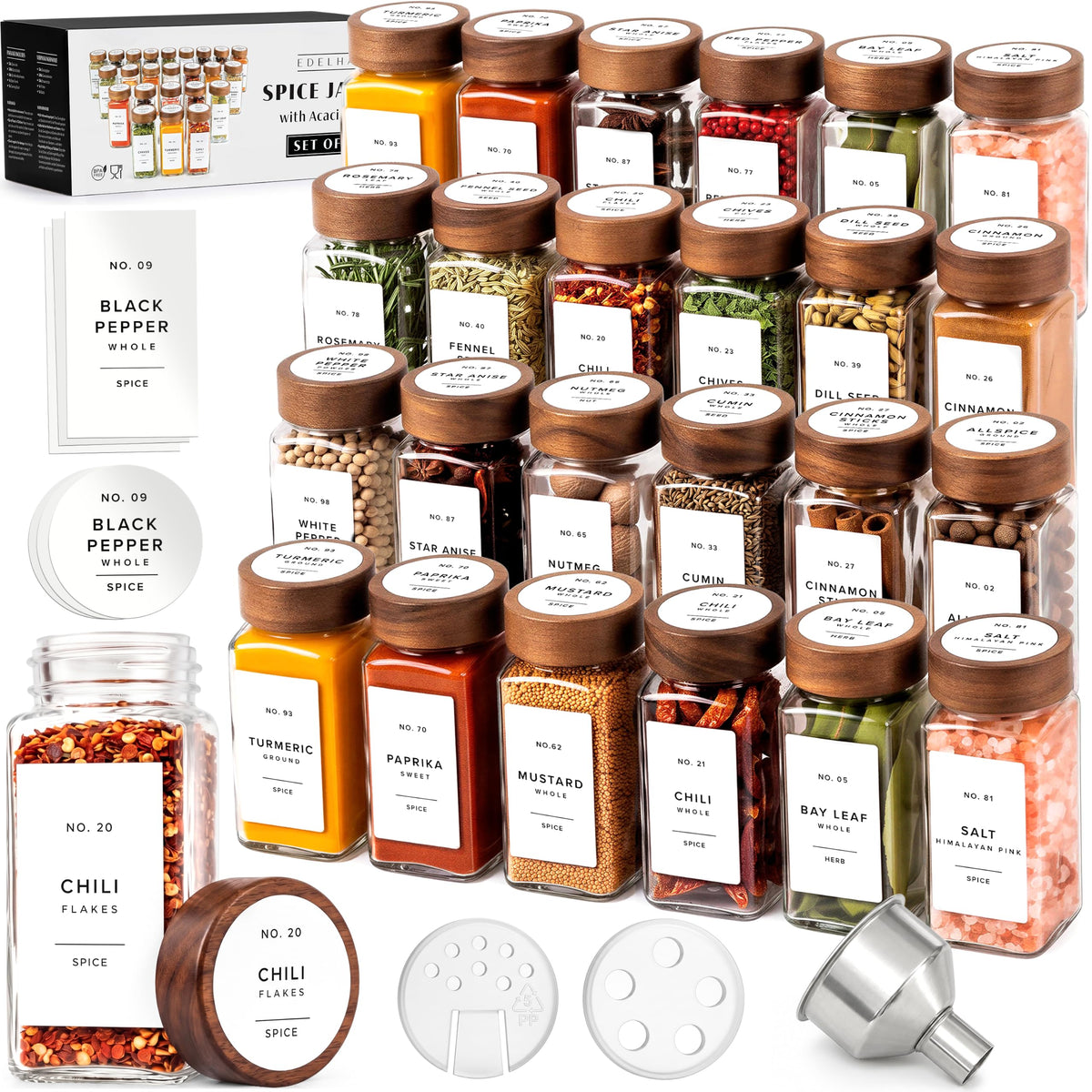 Glass Spice Jars with Label, 24x Acacia Wooden Lids - White Labels
