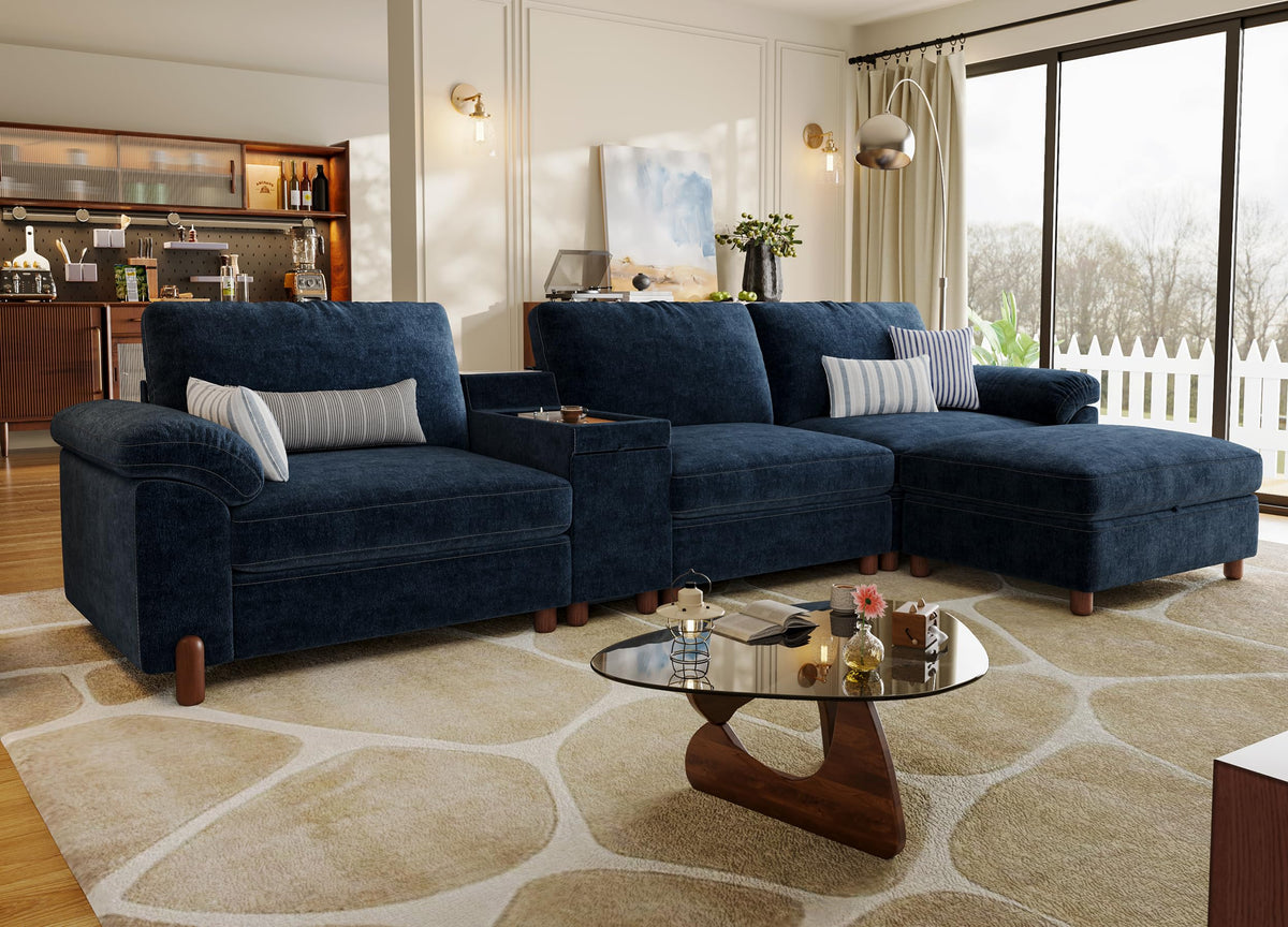 Cloud Couch Sectional, 3 Seater with Console, Chenille in Navy Blue