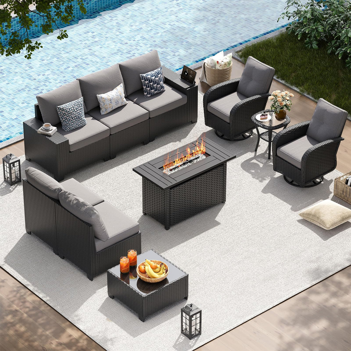 10 PCS Patio Furniture Set with 44'' Fire Pit Table, Outdoor Sectional All-Weather Wicker Conversation Set with