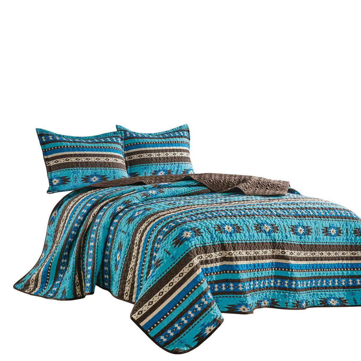 3-Piece Printed Oversize Queen Size Quilt Set, All-Season Bedspread, Native American Tribal Navajo Pattern Coverlet
