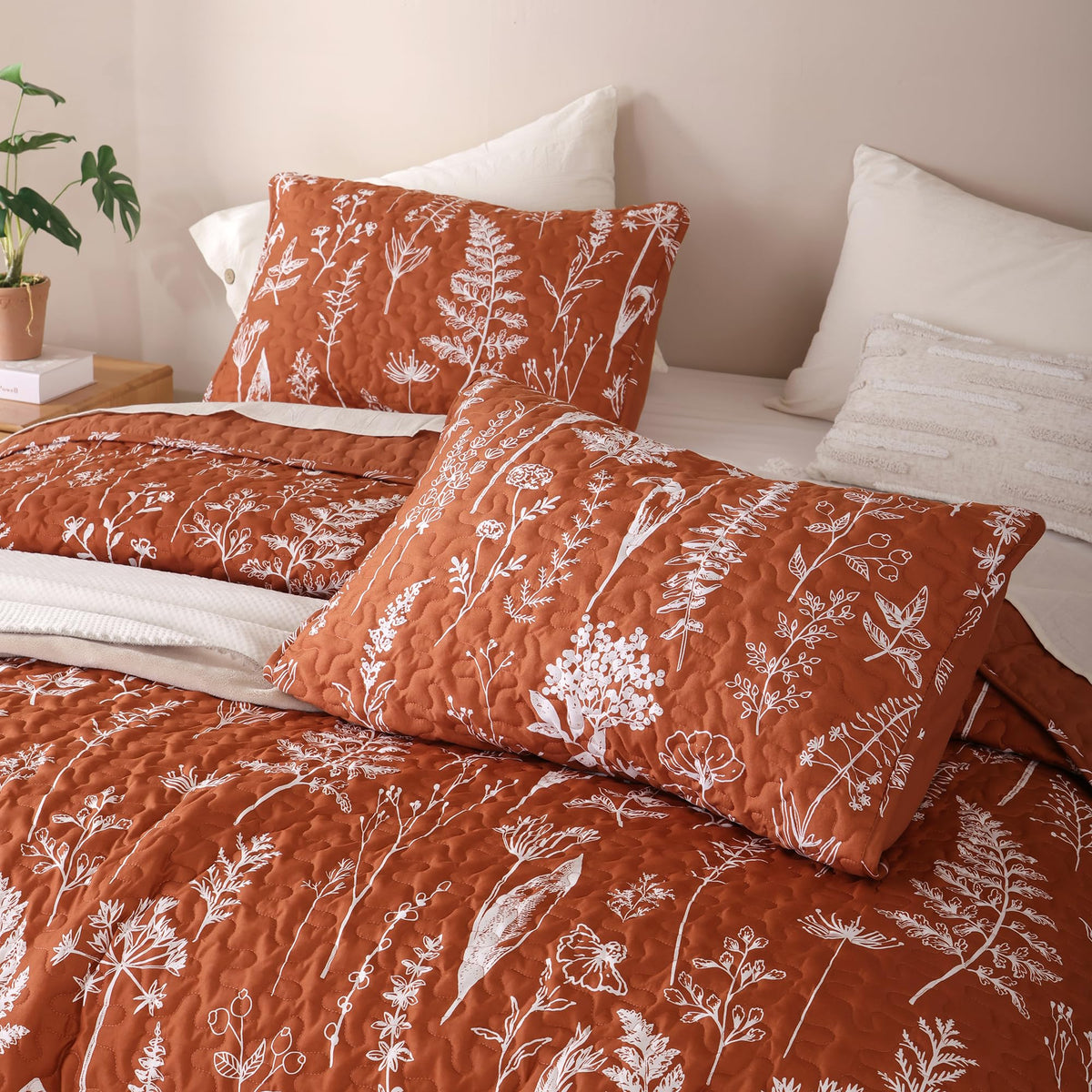 Quilts Floral Bed Spread Terracotta Quilts with Botanical Pattern Burnt Orange Microfiber
