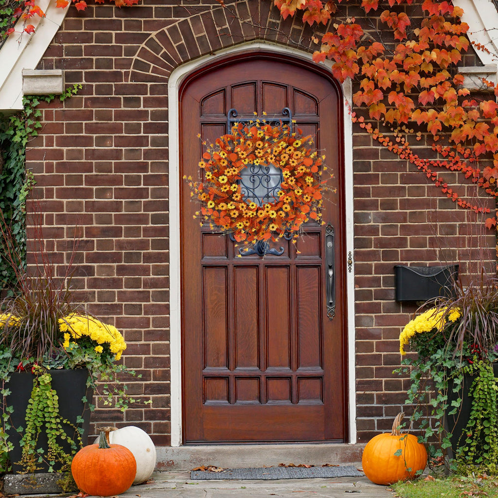 Fall Wreath 24'' Autumn Harvest Daisy Wreath with Orange Eucalyptus Foam Leaves Grain Daisies Berries for Outside