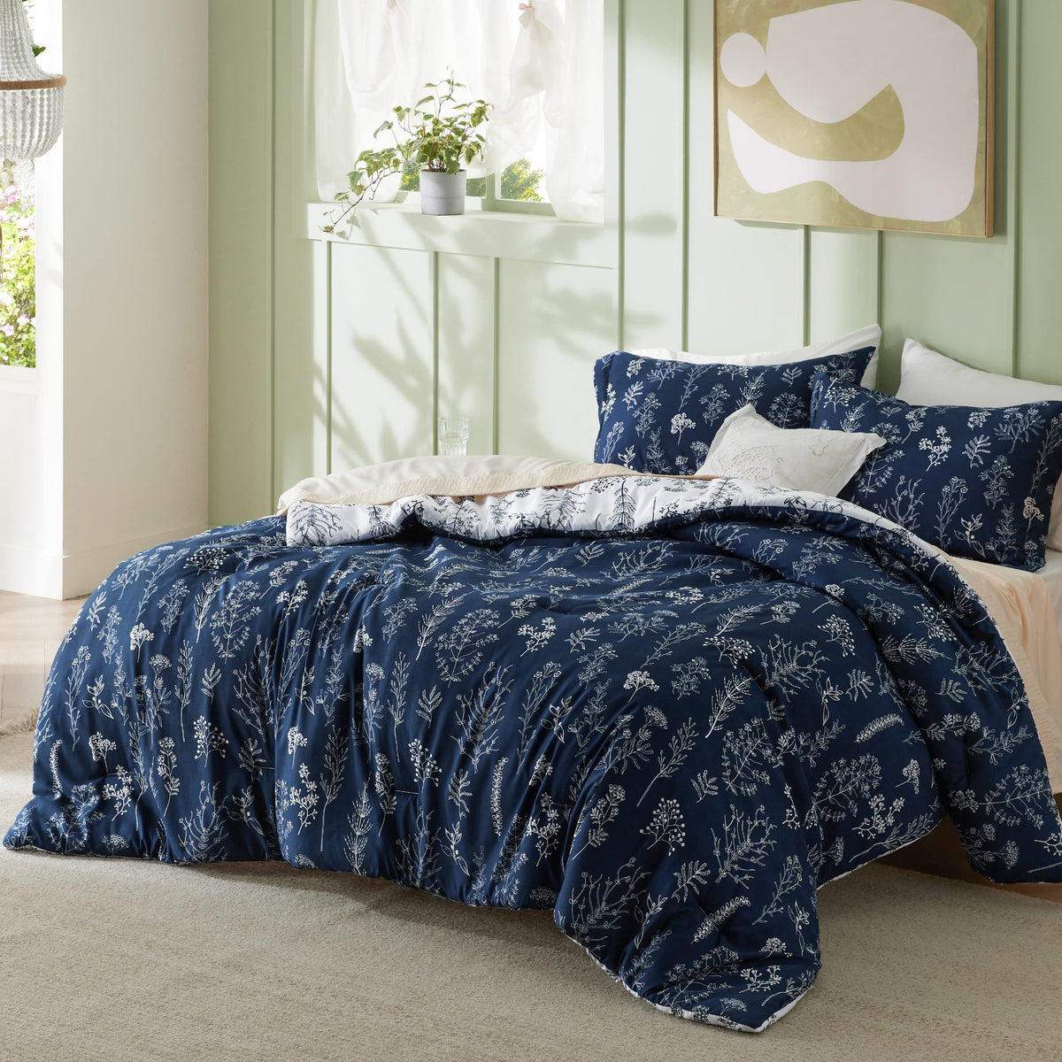 Floral Comforter Set Cute Bedding Set Reversible Navy