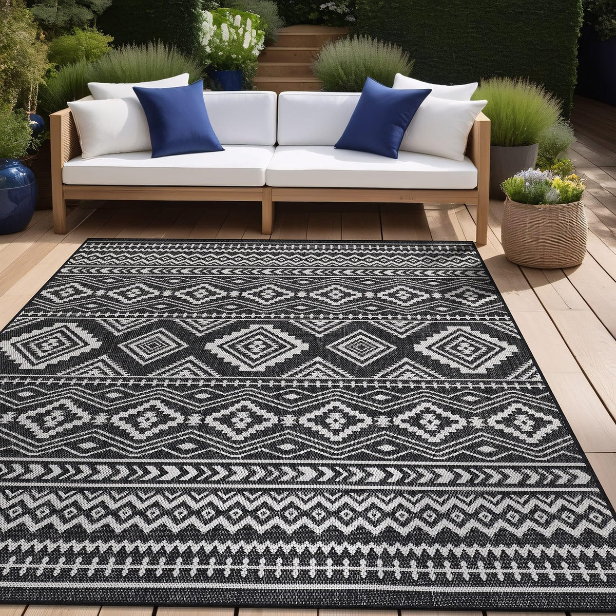 Waikiki Boho Indoor Outdoor Rug, Washable Outside Carpet, Bohemian Area Rug, Farmhouse Rugs, Aztec Tribal Rug