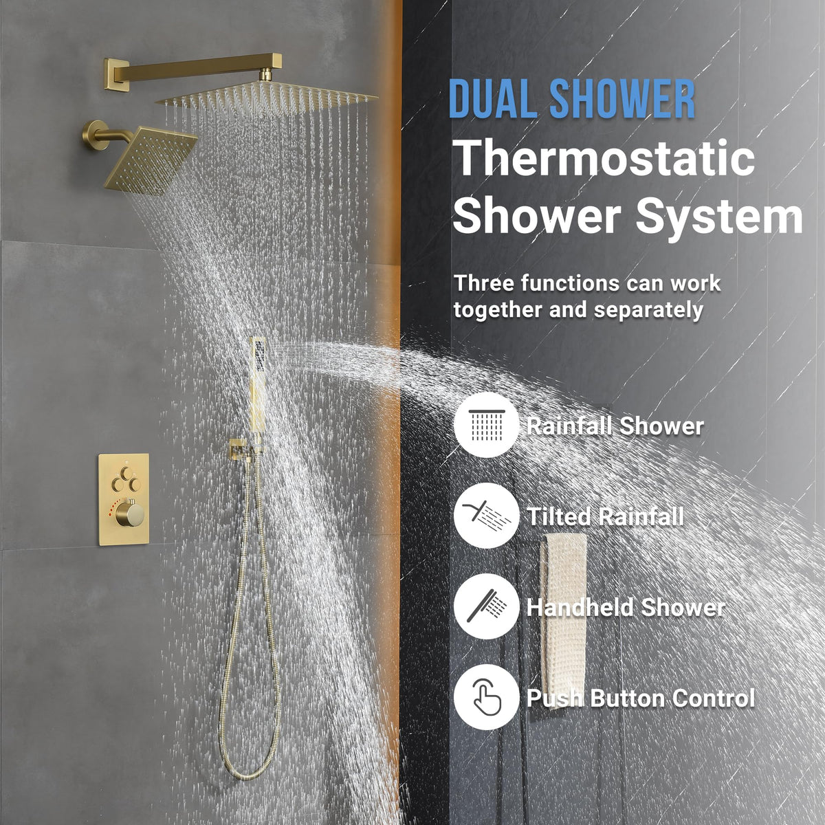 Thermostatic Dual Rainfall Shower System Brushed Gold Shower Fixtures