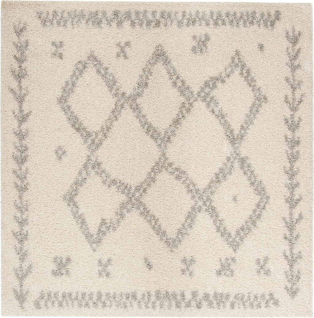 Arizona Shag Collection Area Rug - 6'7" Square, Ivory & Grey, Moroccan Boho Design, Non-Shedding & Easy to Clean
