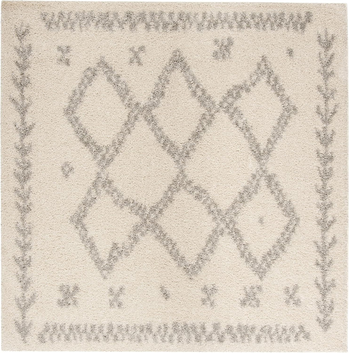 Arizona Shag Collection Area Rug - 6'7" Square, Ivory & Grey, Moroccan Boho Design, Non-Shedding & Easy to Clean
