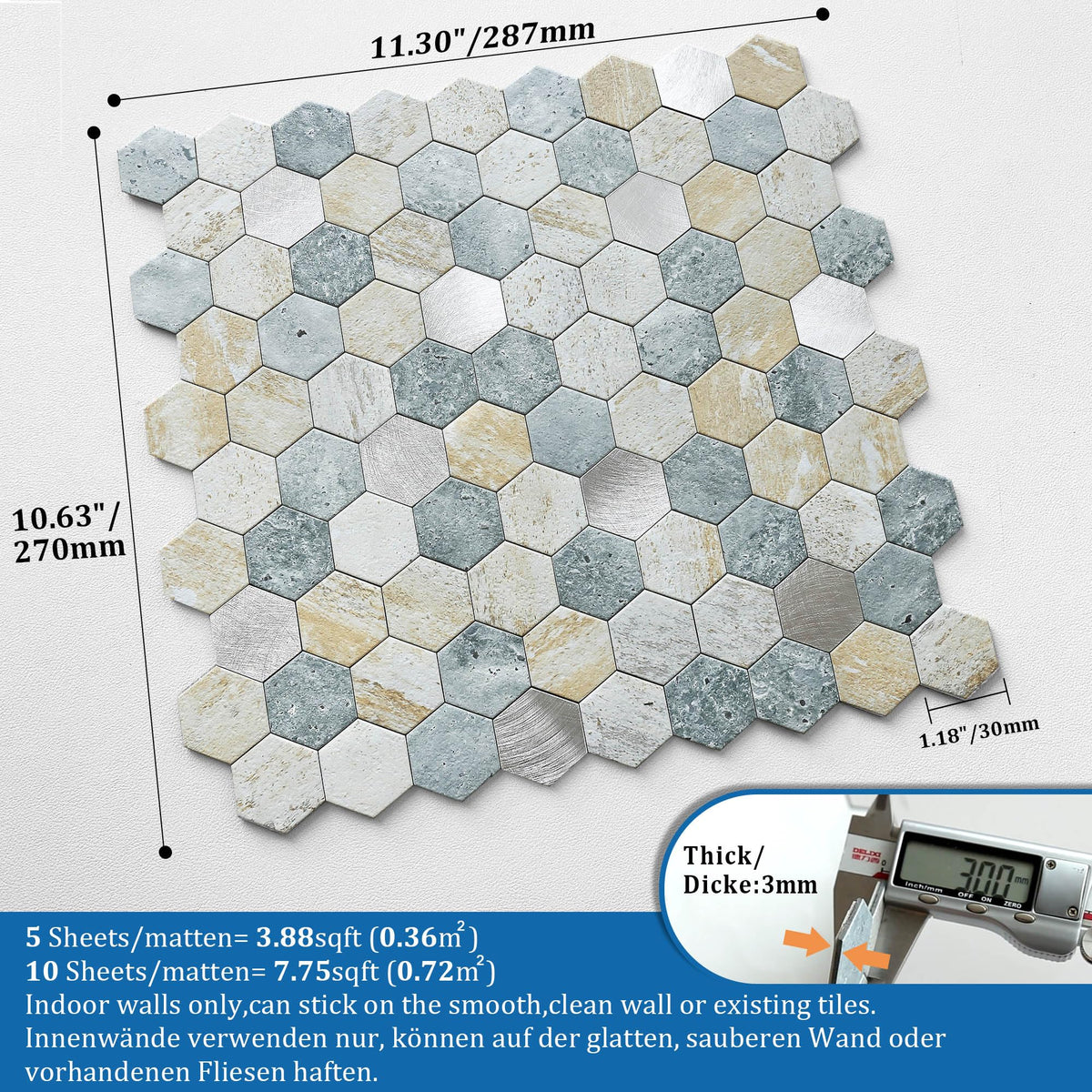 Peel and Stick Backsplash Hexagon Marble Tiles Blue Green 10pcs