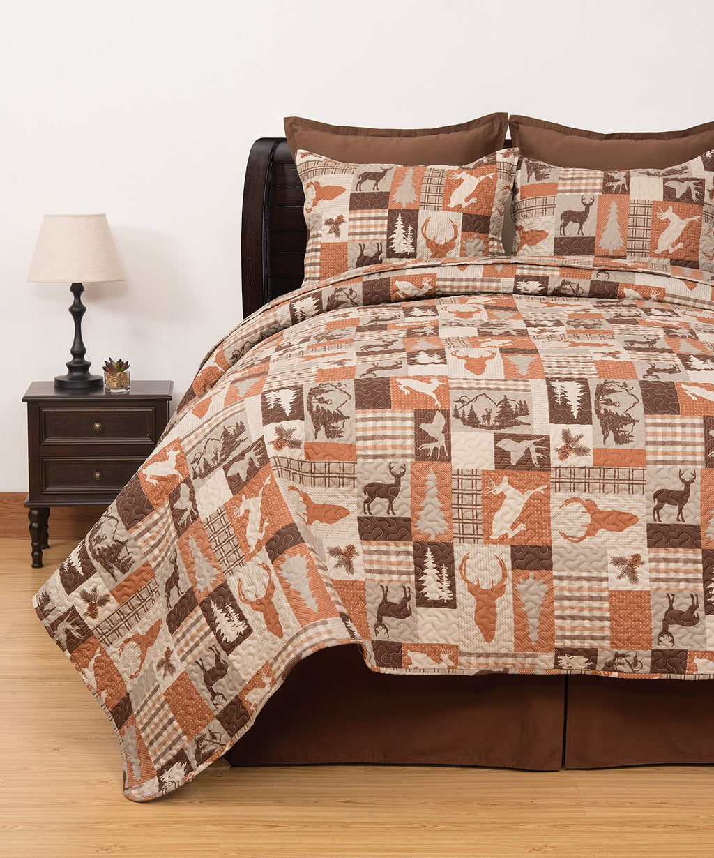 Rustic Buck Ridge Trail Cabin Lodge Deer Stag Pinecone Orange Brown Tan Bed 3-Piece Reversible Lightweight Quilt