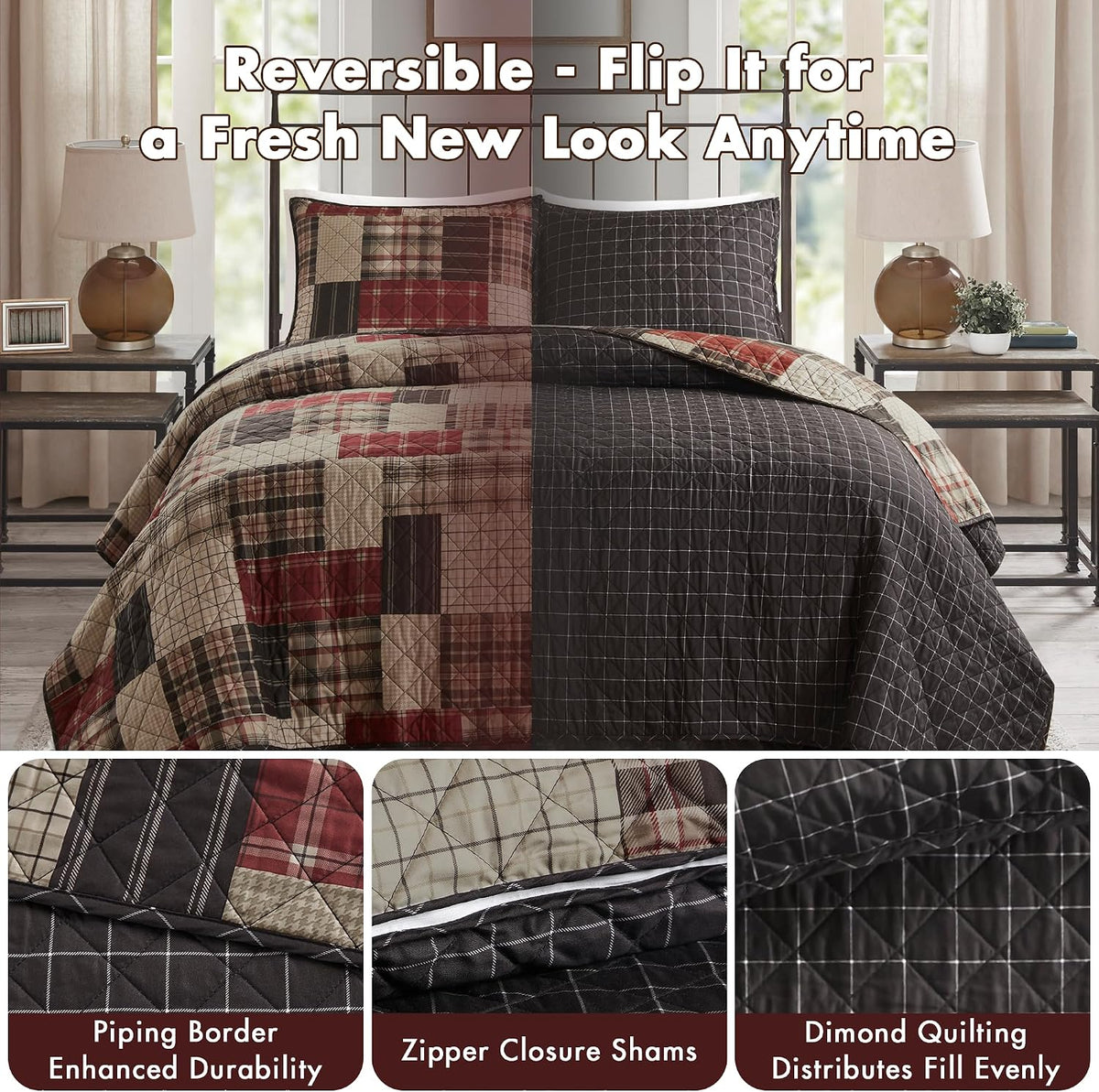 Queen Quilt Set Patchwork Farmhouse, Diamond Quilting Reversible Coverlet Set for Queen Bed, Plush Cotton Filled