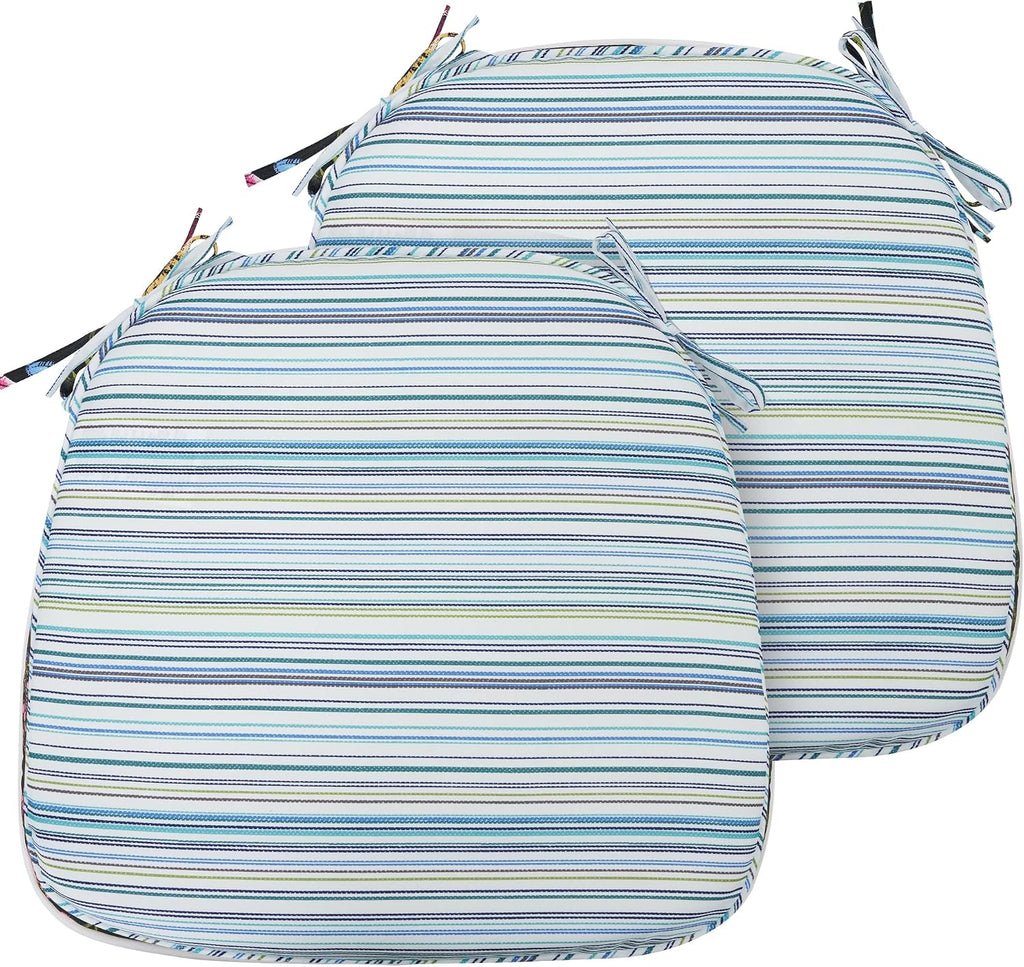 Indoor/Outdoor Chair Cushions Set of 4, 17x16x2Inch-Blue Stripe | Round Corner Patio Chair Pads with Ties